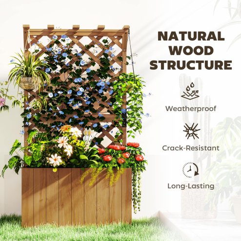 Outsunny Wooden Planter with Trellis, Freestanding Raised Garden Bed with Drainage Holes, Outdoor Planter Box with Liner for Vegetables, Herbs and Flowers, Natural