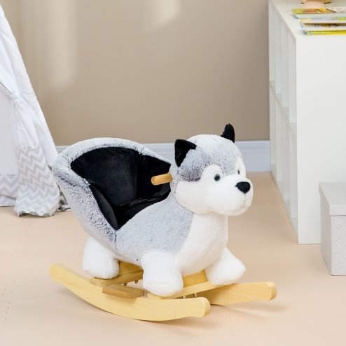 HOMCOM Husky Baby Rocking Horse for Toddlers, Plush Wooden Child Rocking Animal with Sound, Seatbelt, Gift for Ages 18-36 Months, Kids Ride-On Toy for Indoor Use - Grey