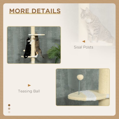 PawHut 260cm Floor to Ceiling Cat Tree, Height Adjustable Kitten Tower with Anti-slip Kit, Multi-Layer Activity Centre w/ Fish-shaped Perches Scratching Post Ball Toy - Yellow