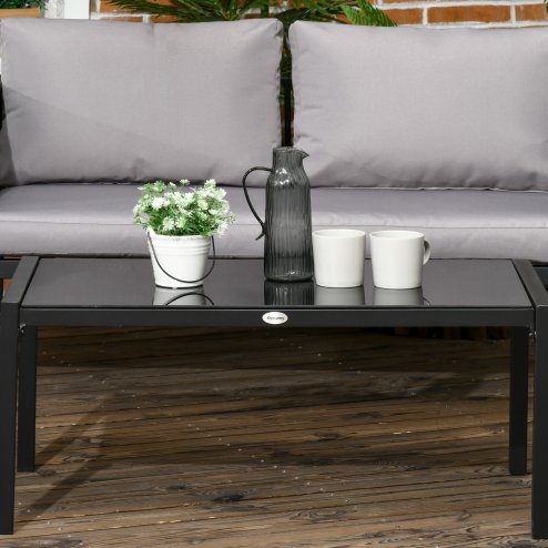 Outsunny 4 Piece Metal Garden Furniture Set with Tempered Glass Coffee Table, Texteline Pocket, Outdoor Set Loveseat Single Armchairs with Padded Cushions, Light Grey