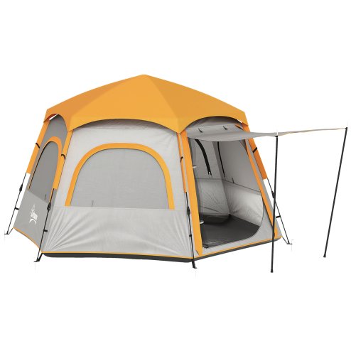 Outsunny Instant Camping Tent, 2/3/4 Person Easy Setup Dome Family Tent with Vestibule, Rainfly, 4 Mesh Windows & 2 Doors, Hexagonal Design, Waterproof & UV Protected, Light Grey