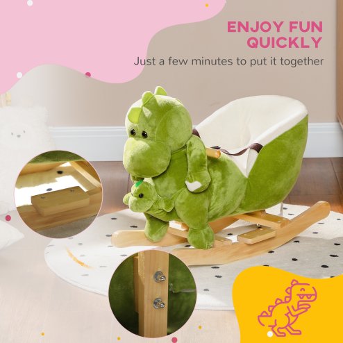 AIYAPLAY Baby Rocking Horse, Plush Ride on Dinosaur Seat with Safety Belt, 32 Songs, Wood Base, Hand Puppet