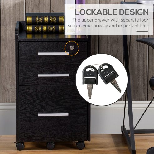 HOMCOM 3 Drawer Filing Cabinet with Lock and Edged Top, Lockable Filing Cabinet on Wheels with Hanging Bars for Letter and A4 Size, Black