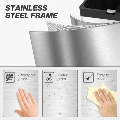 HOMCOM Kitchen Bin, 2 x 18L and 20L Volumes, Stainless Steel 3 Compartment Bin with Wheels, Soft Close Lid, Removable Inner Buckets, Fingerprint-Proof for Recycling and Waste, Silver Tone