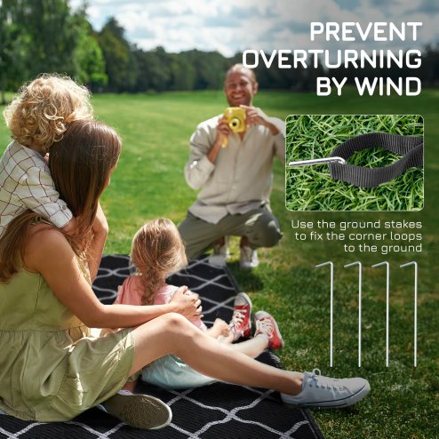 Outsunny Reversible Outdoor Rug with Carry Bag, Waterproof Plastic Straw Mat for Garden, Deck, RV, Picnic, Beach, Camping, 182 x 274cm, Black