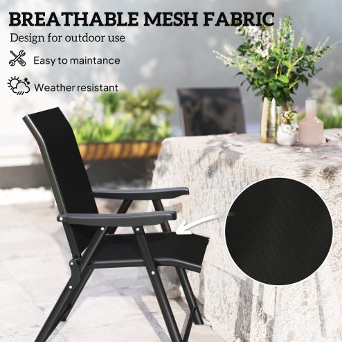 Outsunny Set of 4 Folding Chair, Garden Chair Set with Breathable Mesh Back and Seat, Outdoor Camping Chairs with Armrests, Steel Frame for Deck Balcony, Black