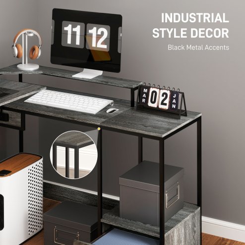 HOMCOM L Shaped Desk, Computer Desk with Liftable Desktop, Industrial Corner Desk with Drawer for A4/Letter Size, Home Office Desk with Monitor Stand for Home Office