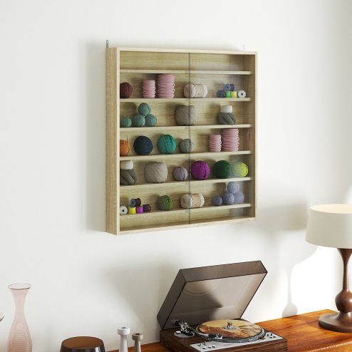 HOMCOM 7-Tier Wall Mounted Display Cabinet, Display Case with 6 Adjustable Shelves, Glass Doors for Home Office Ornaments 83x80cm, Oak