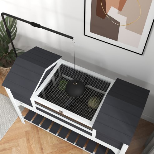 PawHut Tortoise House, Wooden Tortoise Enclosure with Adjustable Lamp Holder, Tortoise Table with Openable Lid, Dual Main Houses, Storage Shelf, Basking Area, Fixed Tray - Grey