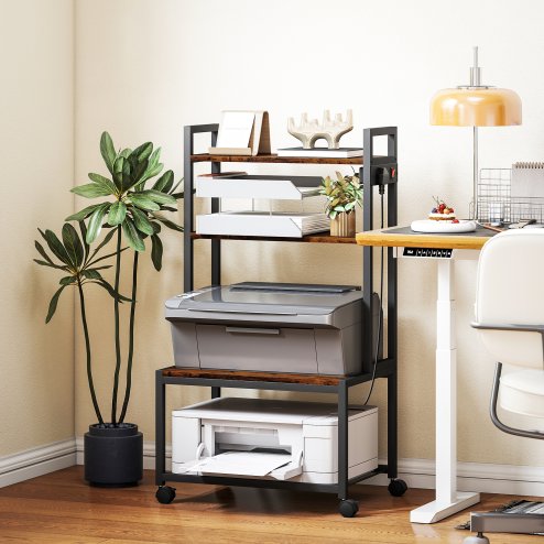 HOMCOM 4-Tier Printer Stand with Power Outlets, Mobile Printer Table with Wheels and Metal Frame for Home Office, Study, Rustic Brown