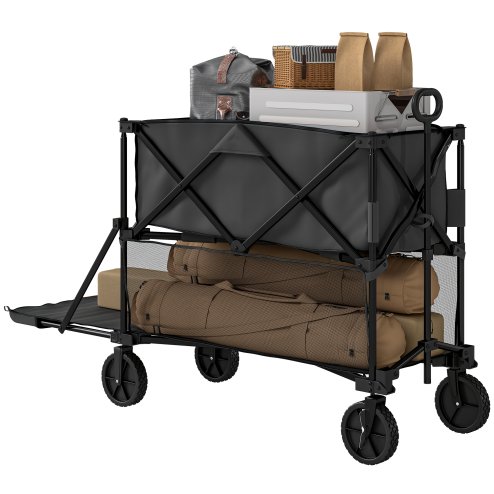Outsunny Double Decker Folding Trolley on Wheels, 200KG & 350L Capacity Collapsible Wagon Festival Trolley Cart with 134cm Extended for Camping Sports Shopping Garden and Beach, Black