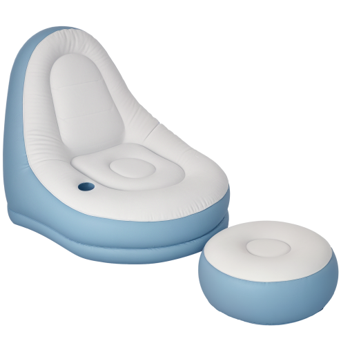 Outsunny Inflatable Chair and Footstool, Inflatable Sofa Lounger with Soft Plush Fabric and Cup Holder, for Camping, Gaming, Reading and Movie Watching, White