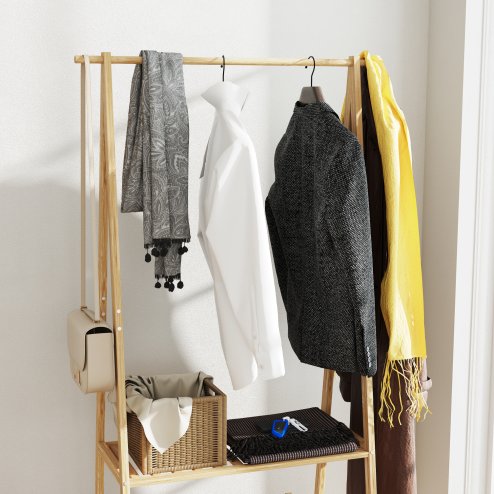 HOMCOM Bamboo Clothes Rail Rack with 2 Storage Shelves and 2 Hooks, Freestanding Open Wardrobe Coat Stand with Wheels for Entryway, Bedroom, Natural Wood Effect