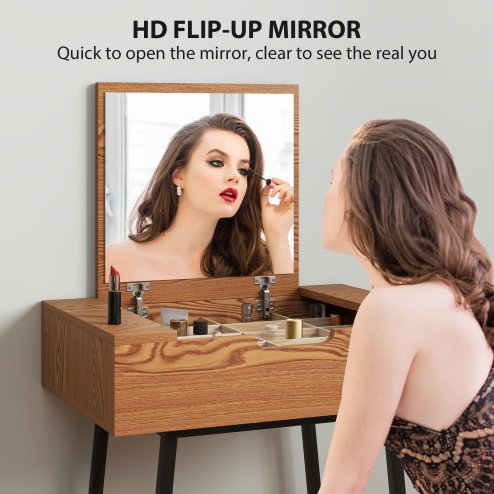 HOMCOM Dressing Table with Flip-Up Mirror, 16 Small Compartments, Industrial Vanity Desk, Makeup Desk with Steel Legs for Bedroom, Natural Wood Effect