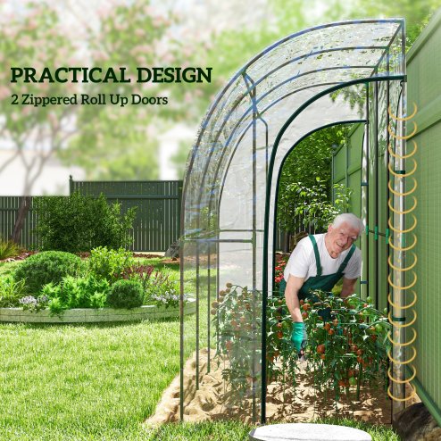 Outsunny Walk-In Greenhouse with Zipped Roll Up Doors, Lean-to Small Greenhouse with Plastic Cover and Sloping Top for Flowers, Vegetables and Herbs, 214cm x 118cm x 212cm, Clear