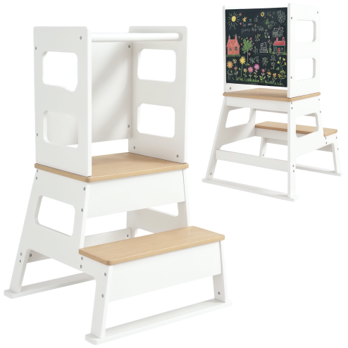 AIYAPLAY Toddler Tower, 2 in 1 Toddler Step Stool with Chalkboard, Safety Rail, Kids Standing Tower for Kitchen, Counter, Bathroom, Sink, White