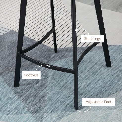 HOMCOM Bar Stools Set of 2, PU Leather Kitchen Stools, Upholstered Breakfast Bar Chairs with Backrest, Steel Legs for Home, Dining Room, Brown