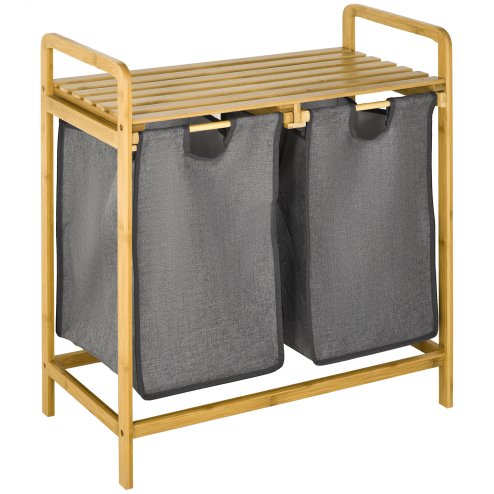 HOMCOM Bamboo Laundry Basket, Laundry Hamper with Shelf, 2 Pull-out Bags for Bedroom, Bathroom, Laundry Room, 64 x 33 x 73 cm, Grey