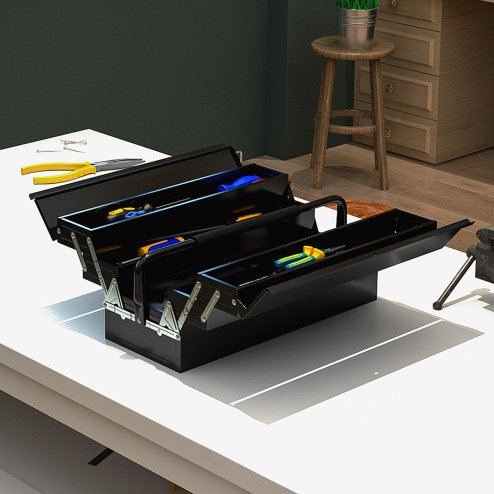 DURHAND Metal Tool Box 3 Tier 5 Tray Professional Portable Storage Cabinet Workshop Cantilever Toolbox with Carry Handle, 56cmx20cmx34cm, Black