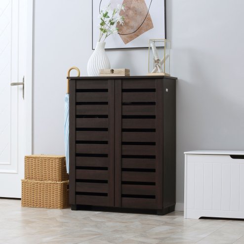 HOMCOM Narrow Shoe Cabinet for Entryway, 5-Tier Slim Shoe Storage Cabinet with 2 Slatted Doors and Adjustable Shelves for 15 Pairs, Dark Brown
