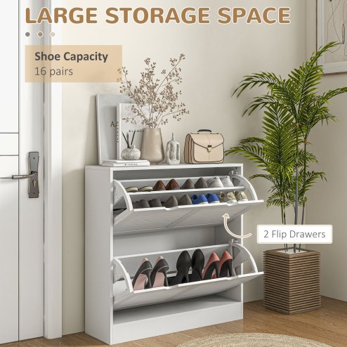 HOMCOM 2 Drawers Entryway Shoe Cabinet, Narrow Shoe Storage Cabinet with 2 Flip Drawers, Louvred Door Design and Adjustable Shelves for 16 Pairs of Shoes, White