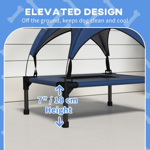 PawHut Cooling Raised Dog Bed, Elevated Pet Bed with Breathable Mesh, UV Protection Canopy, Foot Pads, for Indoor Outdoor, Mini, Small Dog, 61 x 46 x 63cm - Dark Blue