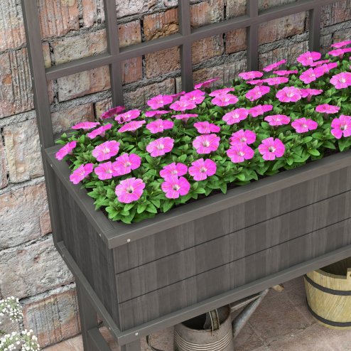 Outsunny Wooden Raised Planter with Trellis for Vine Climbing Plants, Elevated Garden Bed with Drainage Holes and Bed Liner for Vegetables, Flowers, Herbs, 105 x 45 x 140cm, Grey