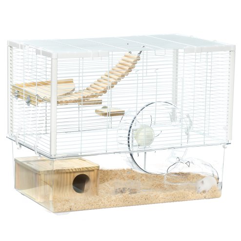 PawHut Hamster Cage, Gerbil Cage w/ Deep Bottom, Litter Area, Wooden Ramp, Platforms, Hut, Exercise Wheel, for Small Rodents, 59 x 35.5 x 47cm