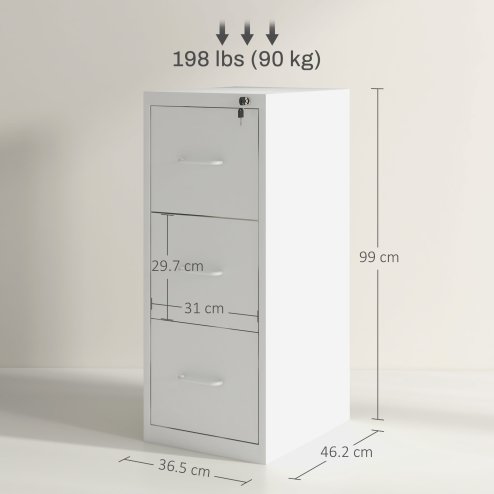 HOMCOM 3 Drawer Filing Cabinet, Vertical File Cabinet with Adjustable Hanging Bar for A4 and Letter Size, Steel Printer Stand for Home Office, Cream White