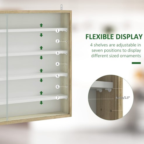 HOMCOM 5-Tier Wall Mounted Display Cabinet, Display Case with 4 Adjustable Shelves, Glass Doors for Home Office Ornaments 60x80cm, Natural