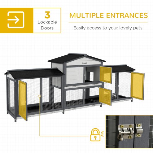 PawHut Large Rabbit Hutch Outdoor, 2-Tier Guinea Pig Hutch, Wooden Bunny Run, Small Animal House with Double Side Run Boxes, No-leak Plastic Tray, Ramp, 230 x 53 x 93.5cm, Light Grey