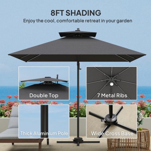 Outsunny 2.5m Cantilever Parasol with Solar Powered LED Lights, Double Top Square Overhanging Garden Parasol with 360 Rotation, Tilt Adjustment, Crank Handle, Dark Grey