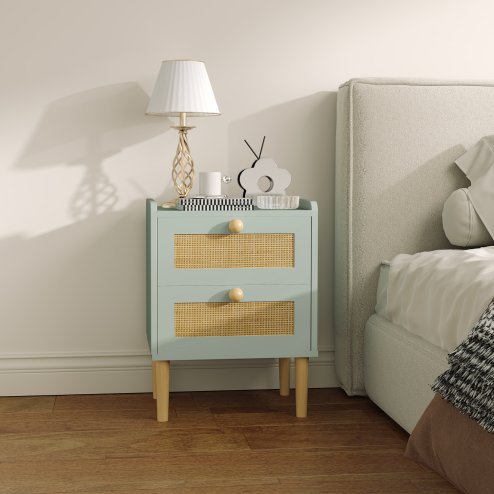 HOMCOM Bedroom Chest of Drawers, Boho Rattan Dresser with 2 Drawers, Storage Cabinet for Living Room, Hallway, Entryway, Olive Green