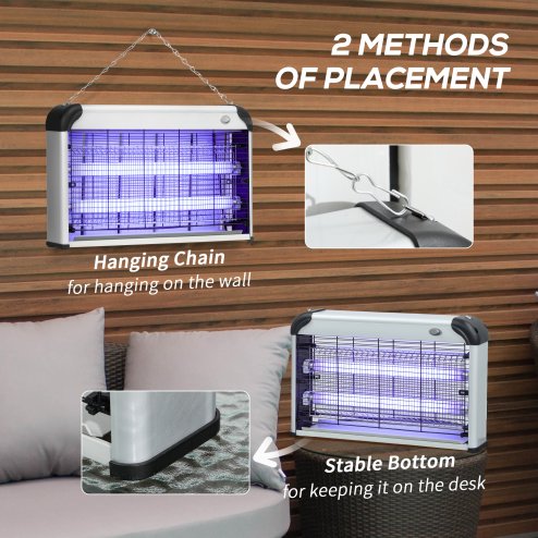 Outsunny 30W Electric Fly Zapper, Bug Zapper with UK Plug, 2 UV Bulbs, Hanging Chain, On/Off Switch and Removable Catch Tray, 60?O Coverage Insect Mosquito Killer for Indoor and Outdoor Use, Silver