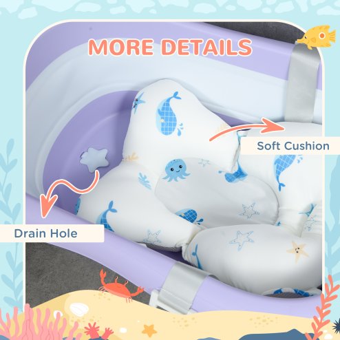 ZONEKIZ Foldable Baby Bath Tub Set, Collapsible Bathtub Antibacterial with Non-Slip Support, Cushion Pad, Shower Head Holder, for Newborn to Toddler Ages 0-6 Years - Purple