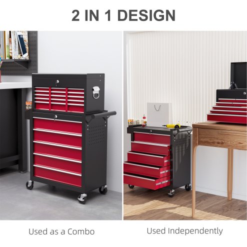 HOMCOM 2 in 1 Rolling Tool Cabinet on Wheels with 14 Drawers, Pegboard and Side Rack, Lockable Top Tool Chest and Roller Cabinet Combo for Workshop and Home, Red