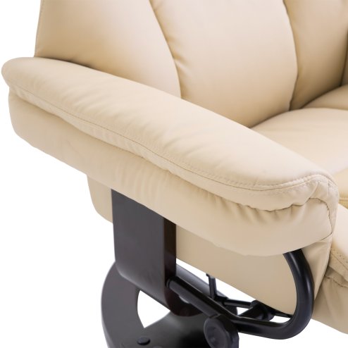 HOMCOM Faux Leather Recliner Chair and Footstool, Swivel Upholstered Armchair and Footstool with Adjustable Backrest, Solid Wood Base for Living Room, Cream