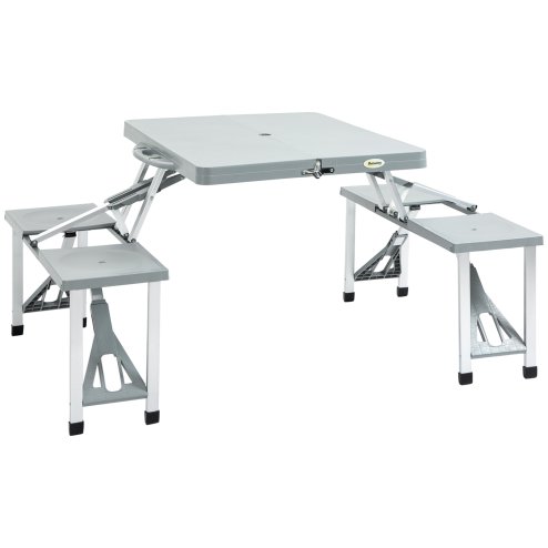 Outsunny Portable Foldable Camping Picnic Table with Seats Chairs and Umbrella Hole, 4-Seat Fold Up Travel Picnic Table, Grey