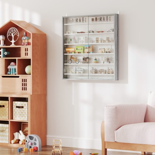 HOMCOM 7-Tier Wall Mounted Display Cabinet, Display Case with 6 Adjustable Shelves, Glass Doors for Home Office Ornaments 83x80cm, Graphite Wood Effect