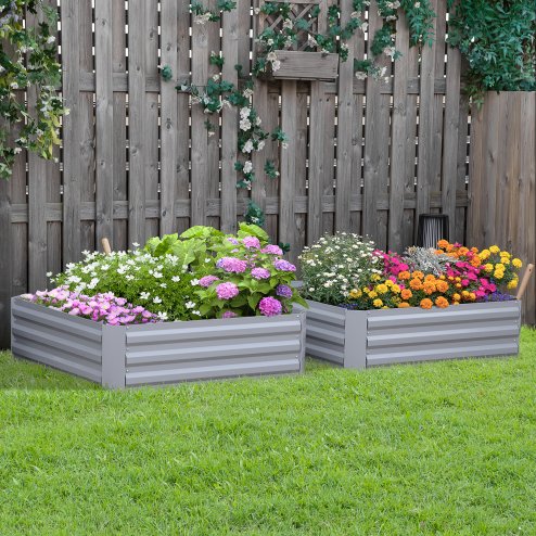 Outsunny Set of 2 291L Raised Garden Bed, Elevated Planter Box with Galvanised Steel Frame for Growing Flowers, Herbs, 100 x 100 x 30 cm, Grey