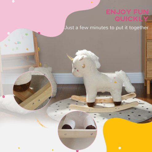 AIYAPLAY Rocking Horse, Kids Ride On Horse with Unicorn Design, Sounds, Plush Ride On Toy for Ages 2-4 Years, White