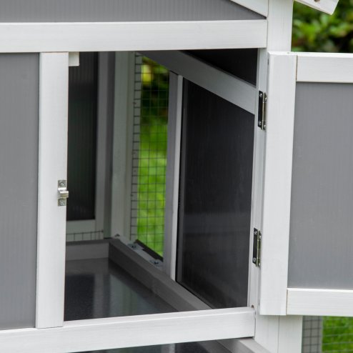 PawHut Wooden Rabbit Hutch 2 Tier Guinea Pig Cage Bunny Run w/ Sunlight Panel Roof and Slide-Out Tray - Grey