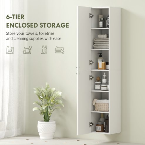 HOMCOM 300 x 1610 mm Wall Mounted Tall Bathroom Cabinet with Soft-Close Hinges, Slim Bathroom Storage Cabinet with 2 Doors, Modern Narrow Storage Cupboard, White