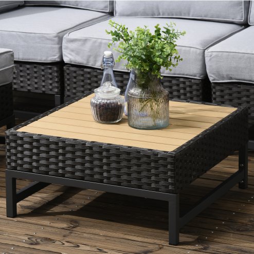 Outsunny 5 Piece Outdoor PE Rattan Corner Sofa Set with Cushions, Wicker Rattan Garden Furniture  with Wood-Effect Top Table, Brown