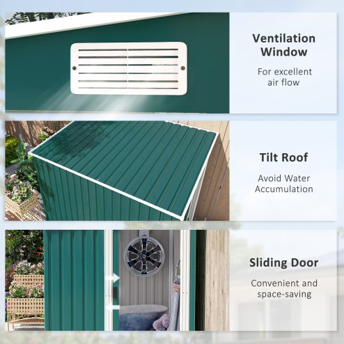 Outsunny 7 x 5ft Galvanised Metal Garden Shed with Foundation, Lean to Shed, Tool Storage House with Sliding Doors, 2 Vents, Adjustable Shelves and Hooks, Green