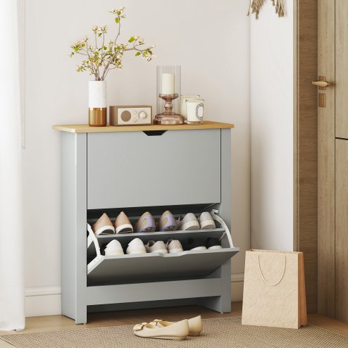 HOMCOM Narrow Shoe Cabinet, Space Saving Shoe Storage Cabinet with 2 Flip Drawers and Adjustable Shelves for 6-12 Pairs of Shoes for Hallways and Living Room, Light Grey