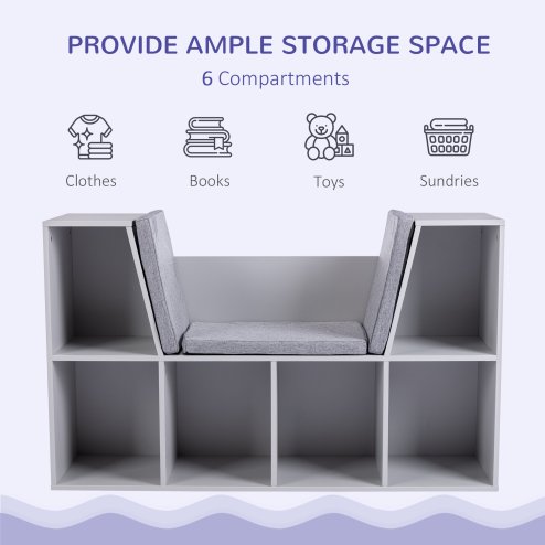 HOMCOM Kids Bookcase Shelf Storage Cabinet Unit, Living Room Sideboard w/ Six Compartments for Toys, Books - Grey
