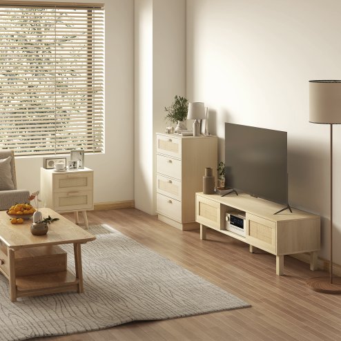 HOMCOM Bedroom Chest of Drawers, Boho Rattan Dresser with 4 Drawers, Storage Cabinet for Living Room, Hallway, Entryway, Natural Wood Finish