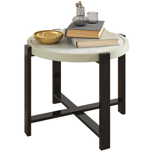 Outsunny Round Small Garden Table, 60cm Outdoor Side Table with Faux Marble Tempered Glass Top, Aluminium Frame for Garden, Patio, Balcony, Light Grey