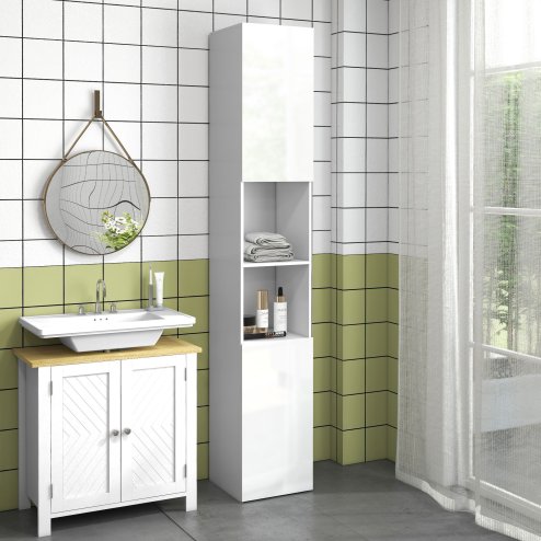 kleankin High Gloss Slim Bathroom Cabinet, Free Standing Bathroom Storage Cabinet with 2 Open Shelves, 2 Door Cupboards and Adjustable Shelves, White